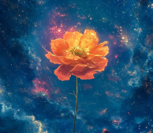 The Order of the Universe ~ Audrey Colette ai generated, orange flower, boy, looking up, colorful, sky, fantasy, dream, mystical, stars, clouds, imagination, night sky, universe, cosmos, universe, universe, universe, universe, nature, universe, cosmos, cosmos