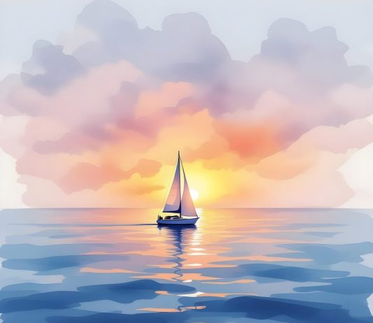 Let the Truth Tellers Entertain You ∞The Creators ~ by Daniel Scranton sailboat, boat, ship, sailing, sea, ocean, water, travel, vessel, transport, nautical, sport, sunset, dusk, calm, sky, clouds, relaxing, mood, painting, watercolor, colorful, ai generated, copy space